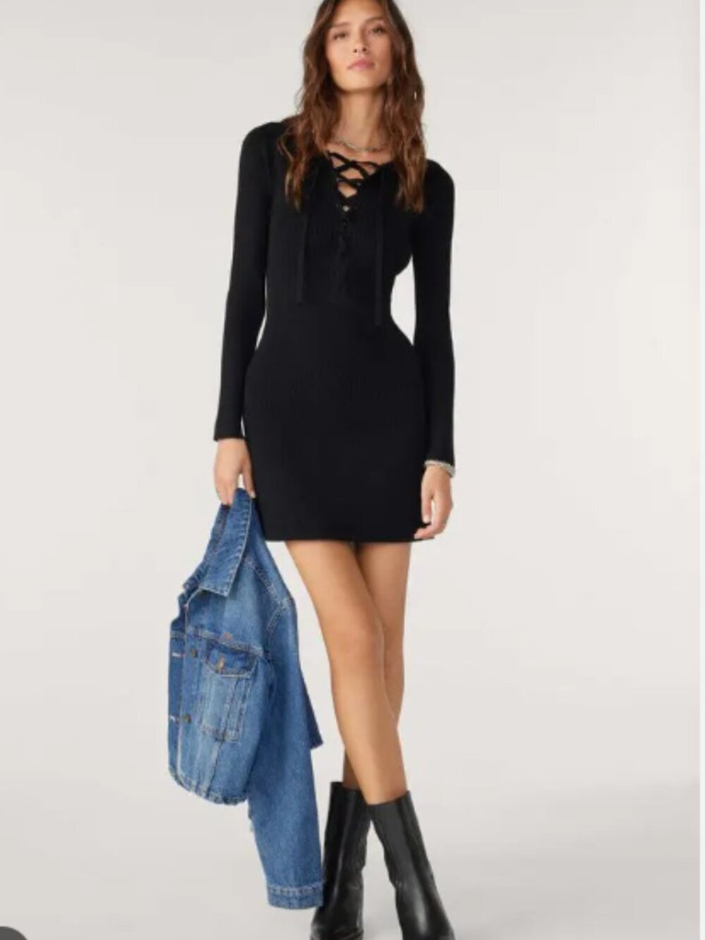 ba&sh Size S Black Willy lace-up neckline Ribbed Knit Dress